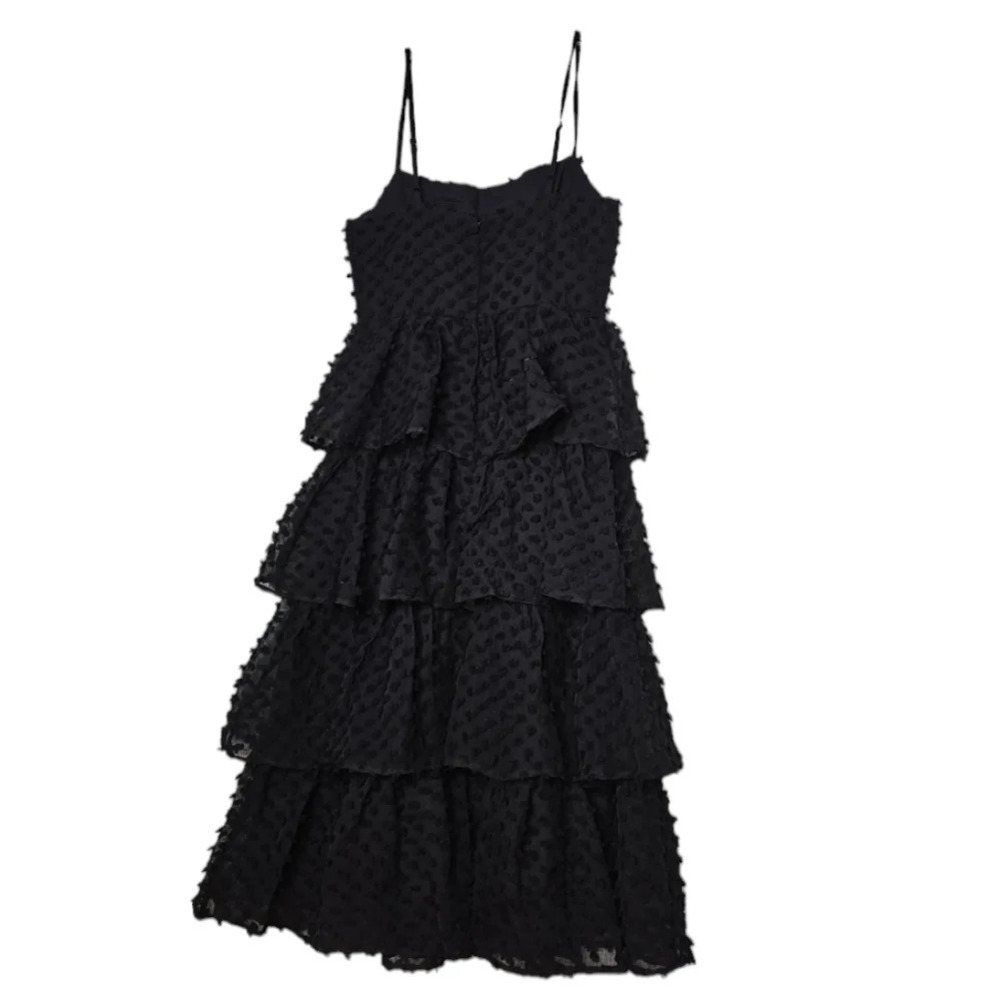 Lulu's Women's Flirting with You Black Tiered Pom Pom Midi Dress Size Small NWT - Picture 6 of 13